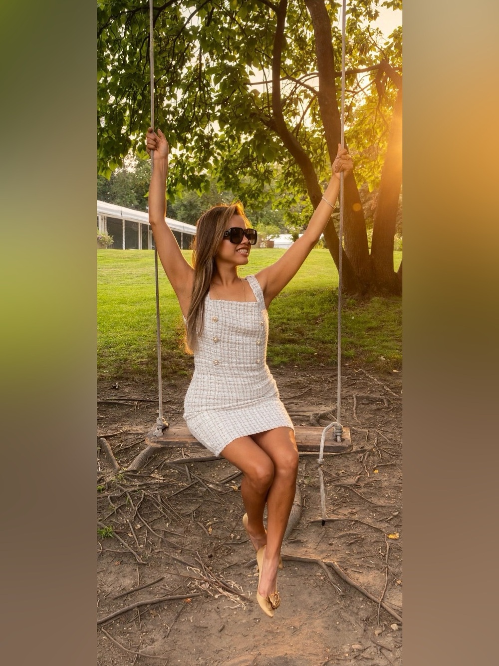 Square-Neck Tweed Mini Dress in Cream